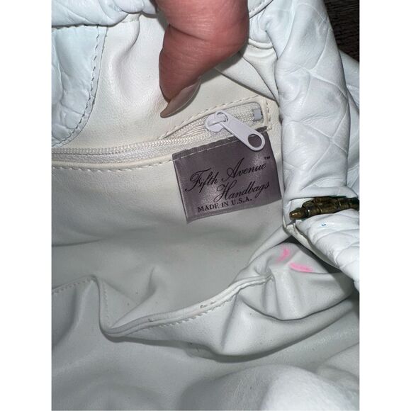 Vintage 80s Saks Fifth Avenue White Leather Tapestry Grandma Shoulder Bag - Picture 9 of 9